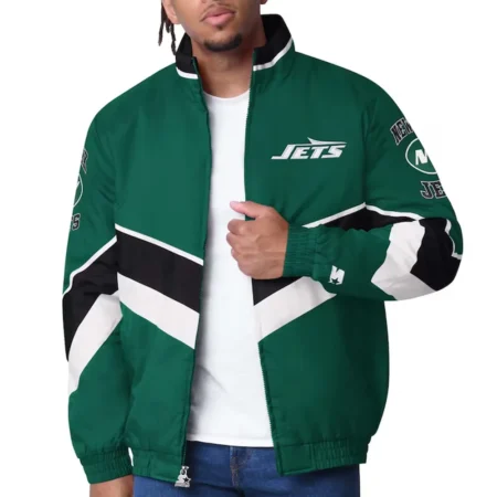 Model wearing New York Jets Captain Varsity Jacket front view