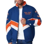 Model wearing New York Knicks Varsity Satin Jacket front view