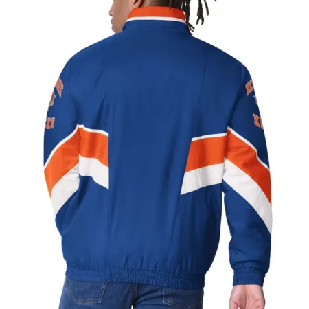 Model wearing New York Knicks Varsity Satin Jacket back view