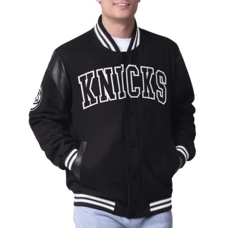 Model wearing NY Knicks Clutch Hitter Varsity Jacket front view