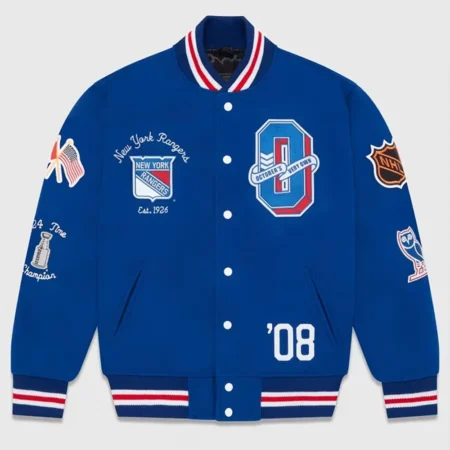 Front view of OVO New York Rangers Varsity Jacket