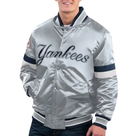 Model wearing NY Yankees Home Game Varsity Jacket front view