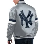 Model in NY Yankees Home Game Varsity Jacket Front