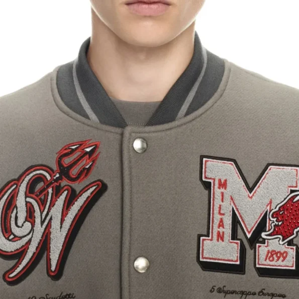 Close-up of AC Milan Logo Gray Varsity Jacket details