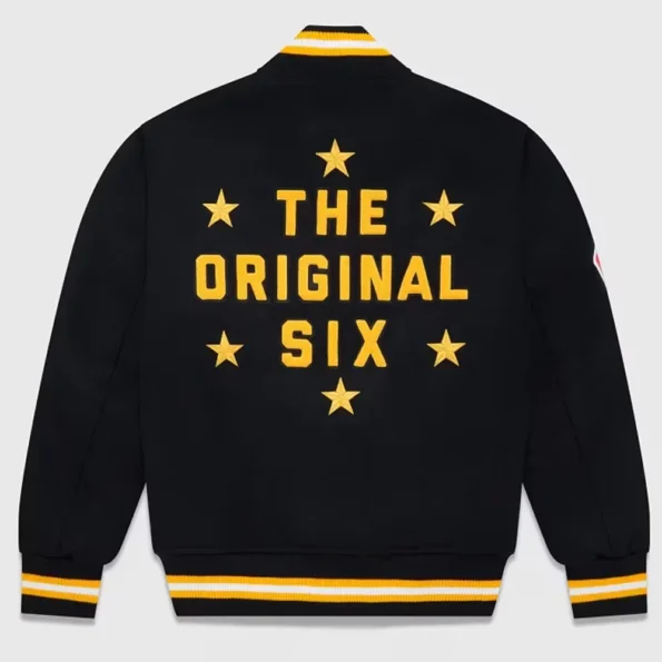 Back view of OVO Boston Bruins Varsity Jacket