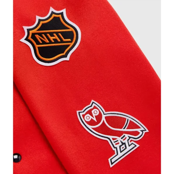 Close-up of OVO Chicago Blackhawks Varsity Jacket detailing