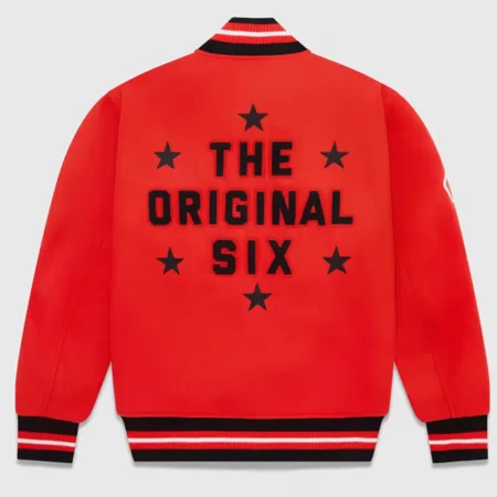 Back view of OVO Chicago Blackhawks Varsity Jacket