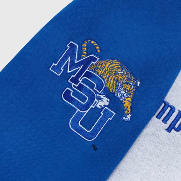 Close-up of NCAA Memphis Tigers OVO Varsity Jacket details