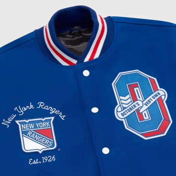 Close-up of OVO New York Rangers Varsity Jacket logo and details