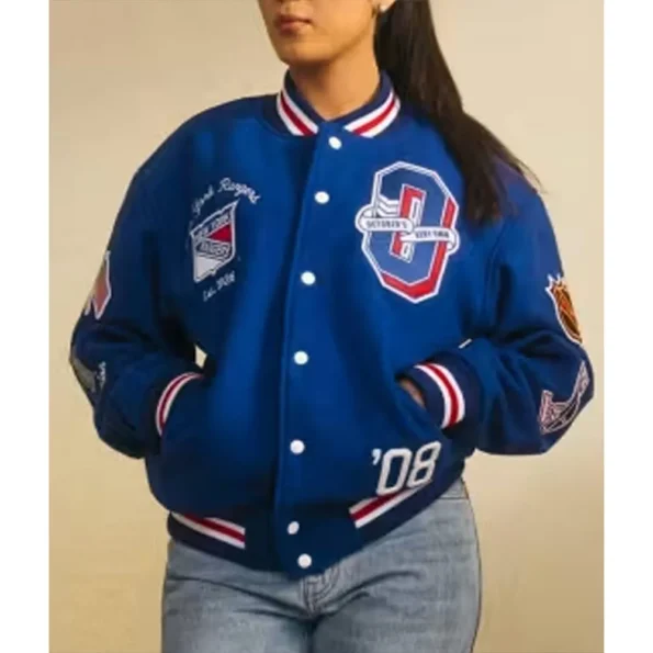 Model wearing OVO New York Rangers Varsity Jacket front view