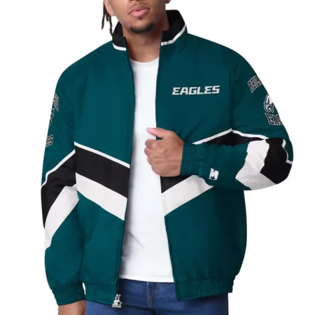 Model wearing Philadelphia Eagles Varsity Satin Jacket front view