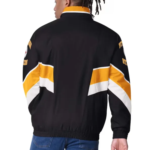 Model wearing Pittsburgh Steelers Varsity Satin Jacket back view