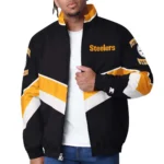 Model in Pittsburgh Steelers Varsity Satin Jacket Front