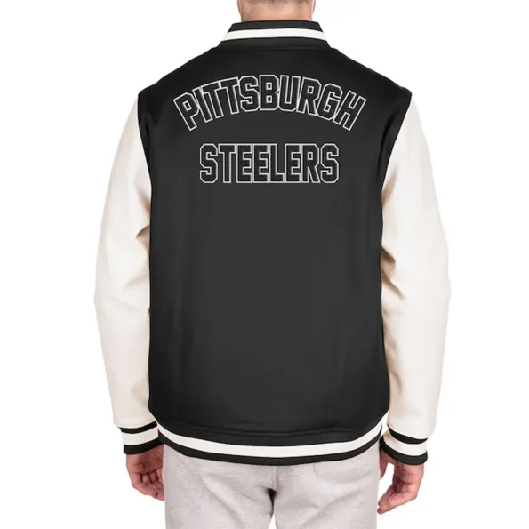 Model wearing Pittsburgh Steelers Varsity Jacket back view