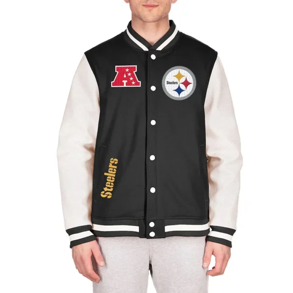 Model wearing Pittsburgh Steelers Varsity Jacket front view