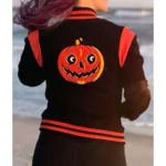 Model in Pumpkin Queen Black Varsity Jacket Front