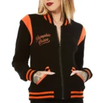 Model in Pumpkin Queen Black Varsity Jacket Front