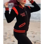 Model in Pumpkin Queen Black Varsity Jacket Front