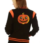 Model in Pumpkin Queen Black Varsity Jacket Front