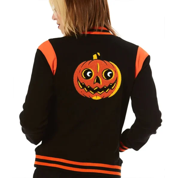 Model wearing Pumpkin Queen Black Varsity Jacket back view