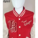 Model in True Religion Red Varsity Jacket Front