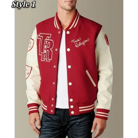 Model wearing True Religion Red Varsity Jacket front view