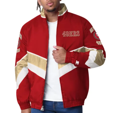 Model wearing San Francisco 49ers Varsity Satin Jacket front view