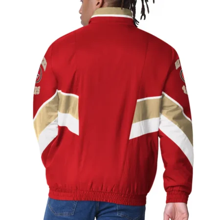 Model wearing San Francisco 49ers Varsity Satin Jacket back view