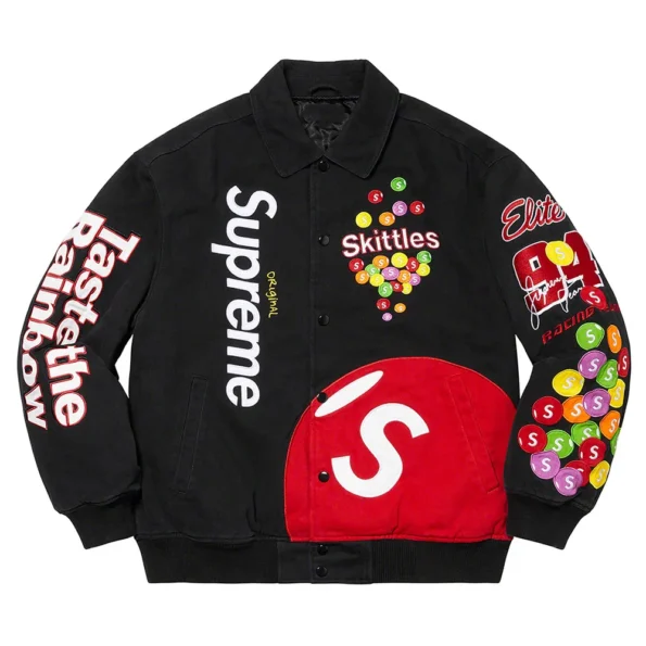 Front view of Skittle Supreme Varsity Jacket