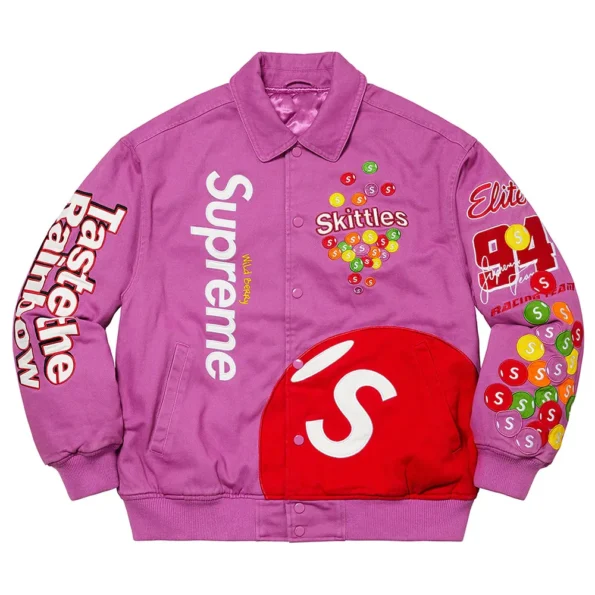 Front view of Skittle Supreme Varsity Jacket