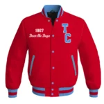 Front view of Talladega College Red Varsity Jacket