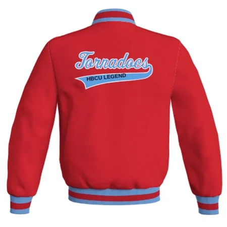 Back view of Talladega College Red Varsity Jacket