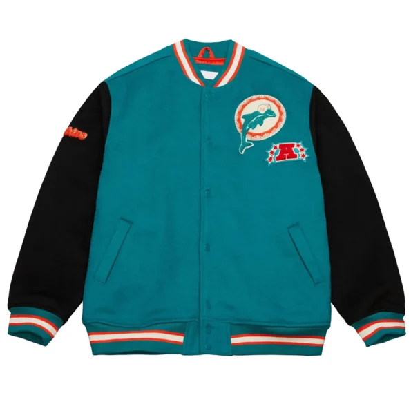 Front view of Miami Dolphins Team Legacy Varsity Jacket