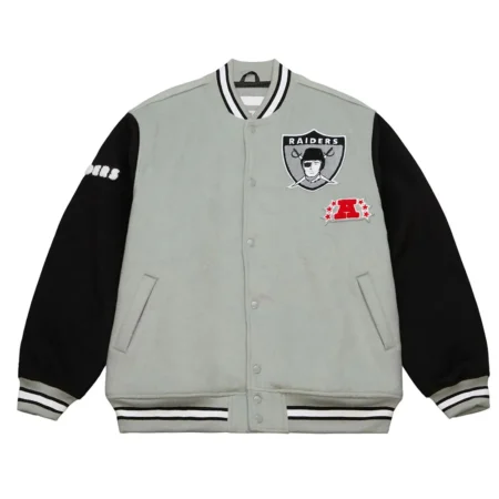 Front view of Oakland Raiders Legacy Varsity Jacket