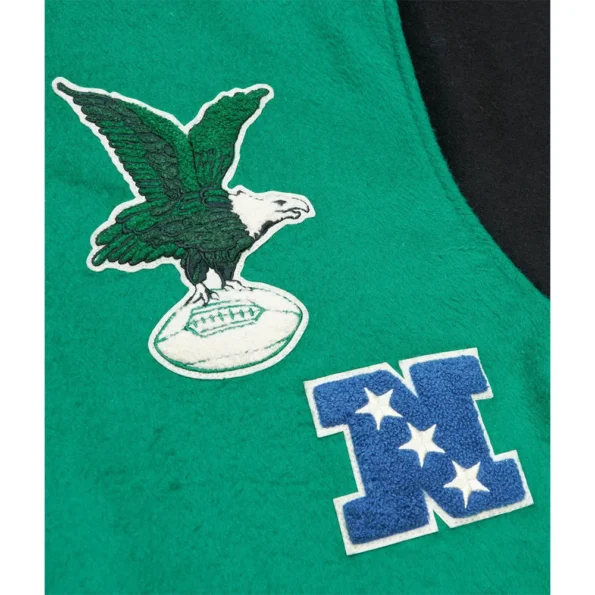 Close-up of Philadelphia Eagles Team Varsity Jacket details