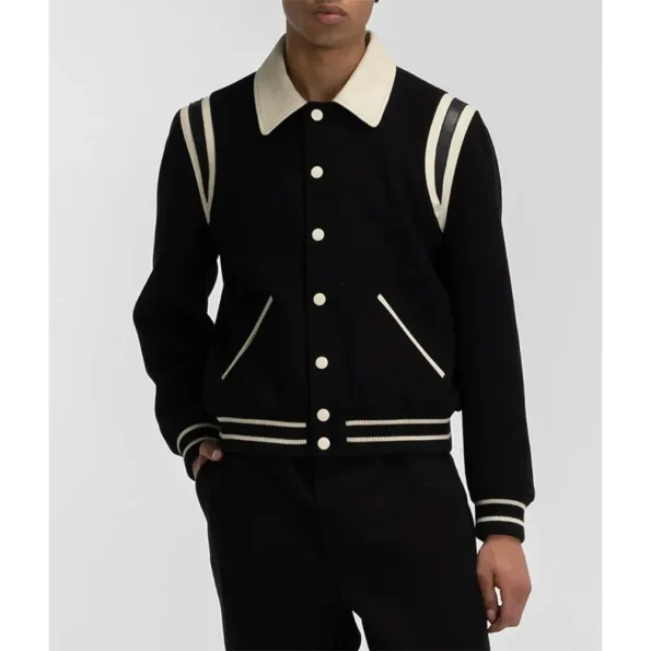 Model wearing Teddy Blouson Black Varsity Jacket front view