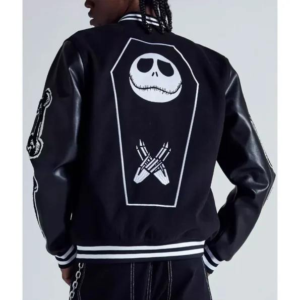 Model wearing The Nightmare Before Christmas Varsity Jacket back view