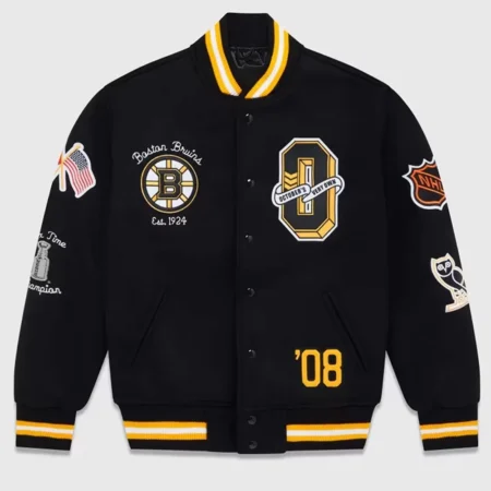 Front view of OVO Boston Bruins Varsity Jacket