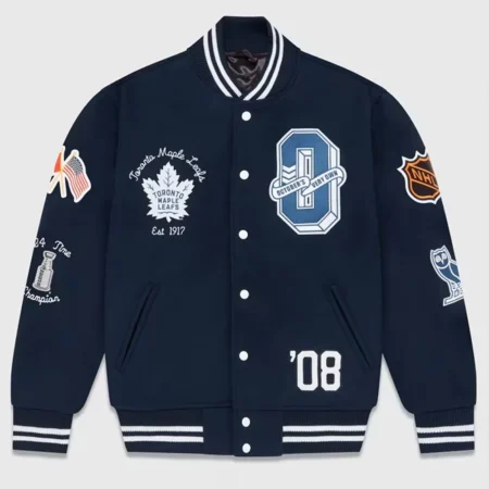 Front view of OVO Toronto Maple Leafs Varsity Jacket