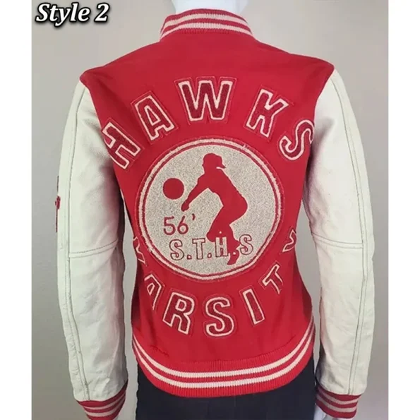 Model wearing True Religion Red Varsity Jacket back view