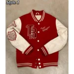 Model in True Religion Red Varsity Jacket Front