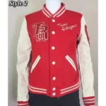 Model in True Religion Red Varsity Jacket Front