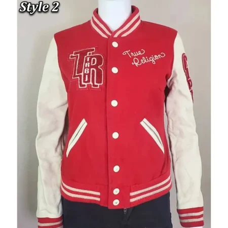 Model wearing True Religion Red Varsity Jacket front view