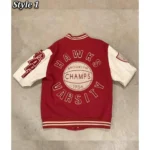 Model in True Religion Red Varsity Jacket Front