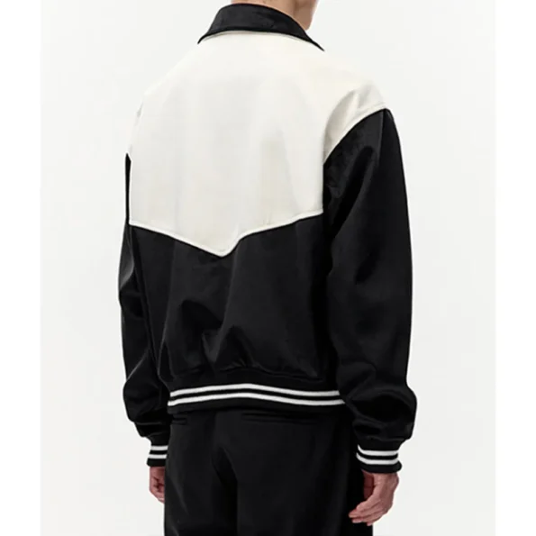 Model wearing Western Black and White Varsity Jacket back view