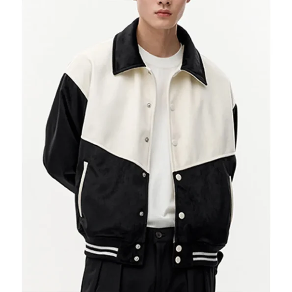 Model wearing Western Black and White Varsity Jacket front view