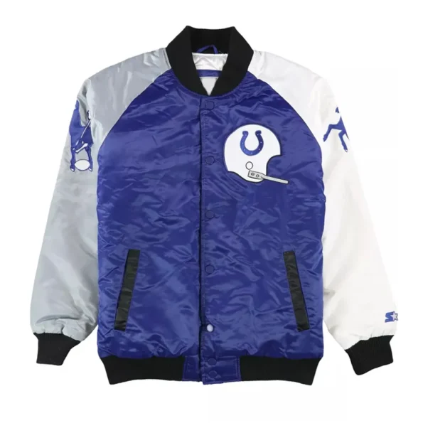 Front view of Baltimore Colts varsity satin jacket.