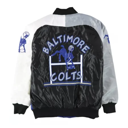 Back view of Baltimore Colts varsity satin jacket.