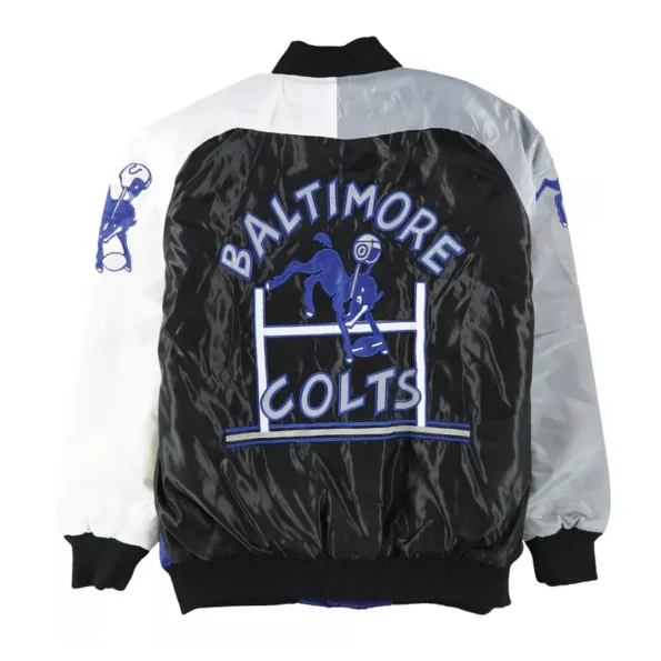 Back view of Baltimore Colts varsity satin jacket.