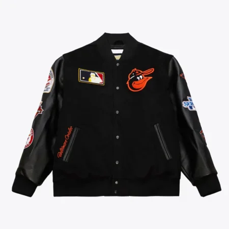 Front view of Baltimore Orioles vintage varsity jacket.